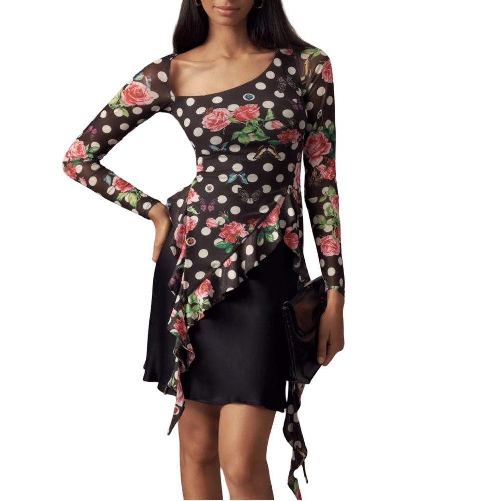 NEW!! AFRM Doris Asymmetric Floral Polka Dot Mesh Long Sleeve Top - Size L